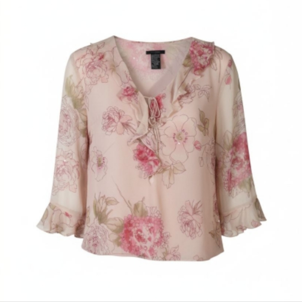 Silkland silk Y2k floral embellished  fairycore ruffled long sleeves  top